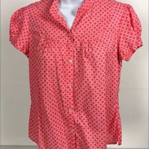 St Johns Bay Women Top White Diamond Pattern Short Sleeve Buttons